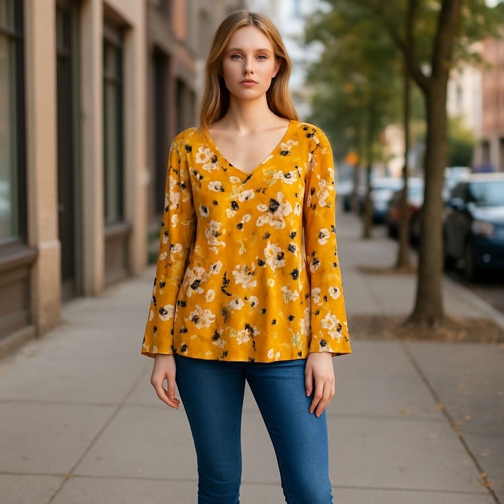 Worthington Woman Tunic Top 1X Yellow Multicolored Florals Slit Flirty Sleeves